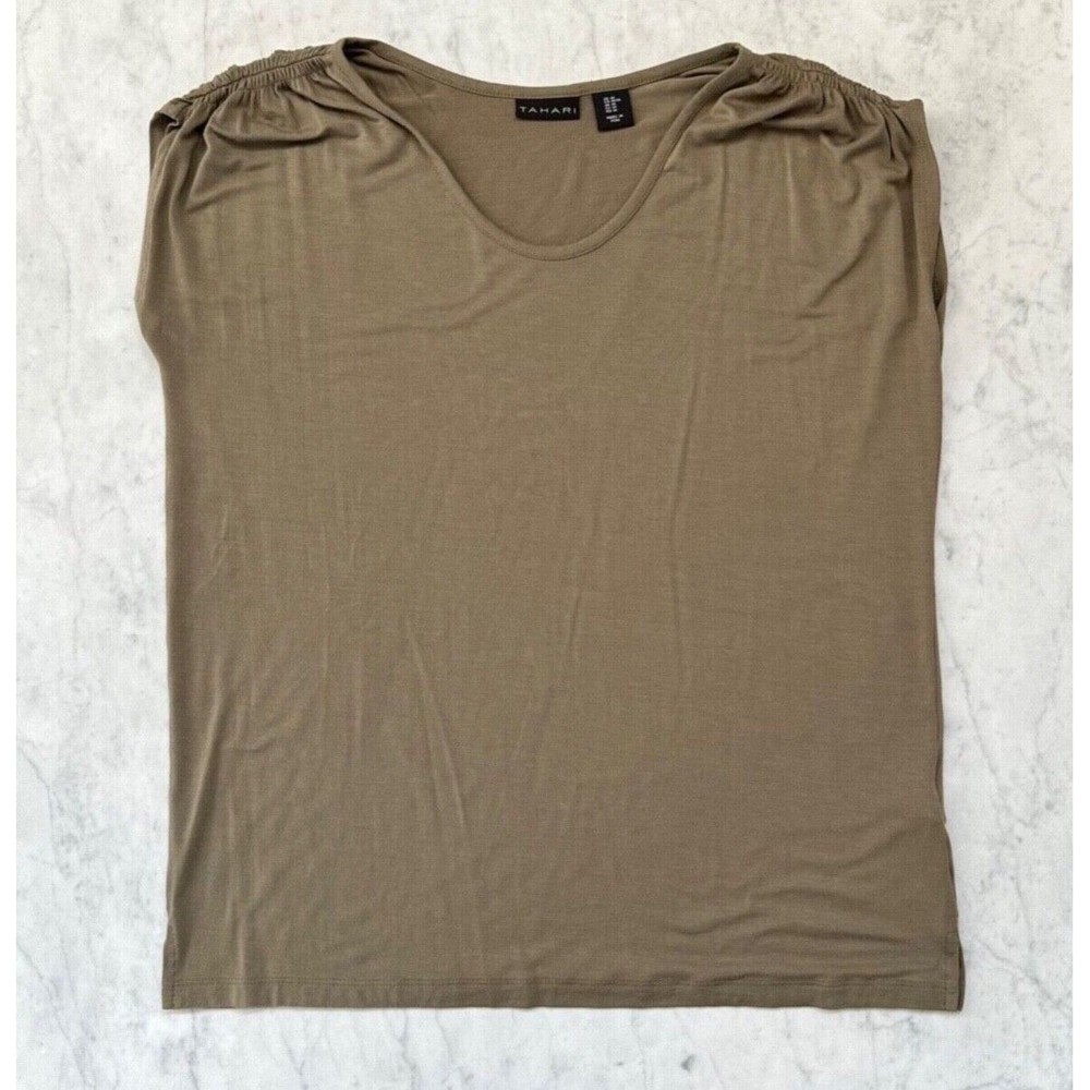 Tahari Women's Medium Olive Green Ribbed/Gathered Shoulder Sleevless Blouse Top